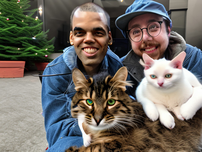 beautiful and striking professional portrait of smiling coralex holding their two cats winnieko, a Siberian tabby cat with (pale green eyes:1.1) and a white cat looking serious, Christmas trees in background