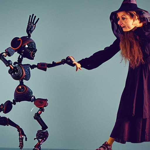 photo of a witch and a robot dancing, contact improvisation, the robot's eyes are wide, the witch is looking aghast, they are holding hands