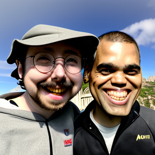 medium shot of smiling coralex standing near the Parthenon, blue sky in the background