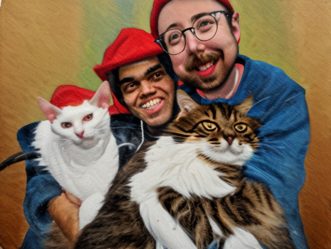 beautiful portrait of smiling couple coralex with their two cats winnieko, a Siberian tabby cat, a white cat with a serious face, oil on canvas, painting with delicate brushwork, Christmas theme