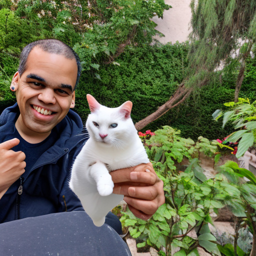 tranquil photo of smiling corajr and their white cat, winniecat, in a garden