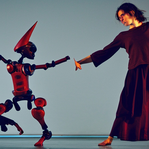 photo of a witch and a robot dancing, contact improvisation