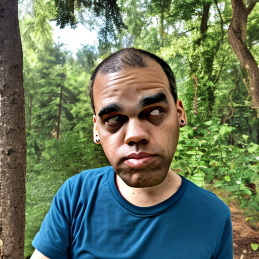 professional photo of corajr, medium shot, smiling at the camera, wearing a tie-dye t-shirt, forest in the background, good lighting, f/2.8