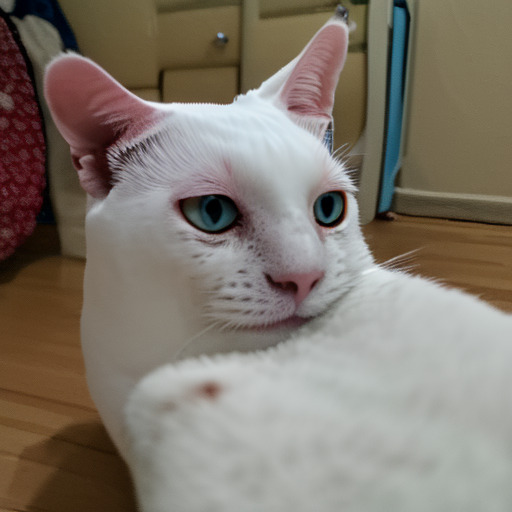 cheerful medium shot of winniecat, a white cat, good lighting, f/4, Nikon D850