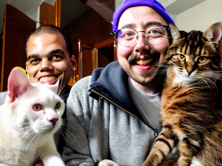 beautiful professional portrait of smiling couple coralex with their two cats winnieko, a white cat looking serious, a Siberian tabby cat looking at the camera, Kodak Portra 800, soft lighting