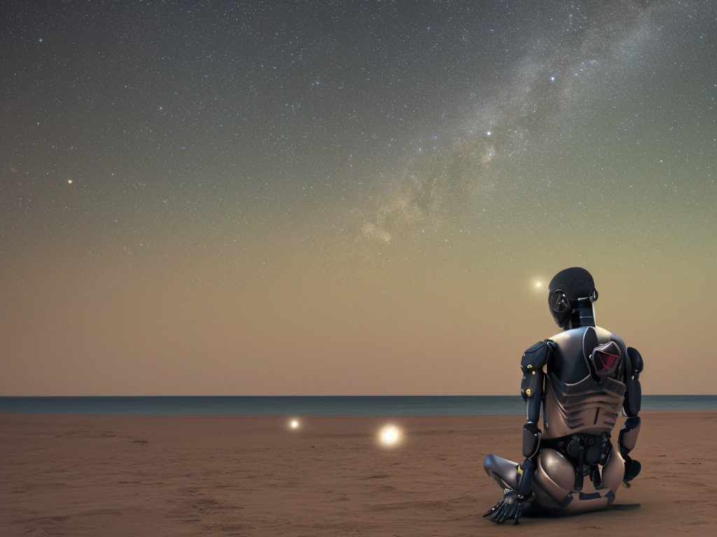 a cyborg sitting in contemplation on a beach, milky way in the background