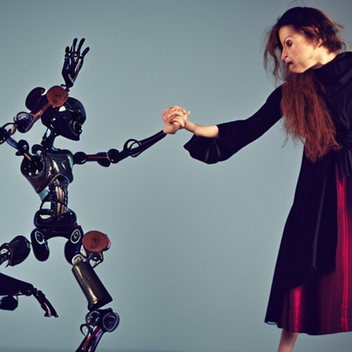 photo of a witch and a robot dancing, contact improvisation, the robot mirrors her gesture