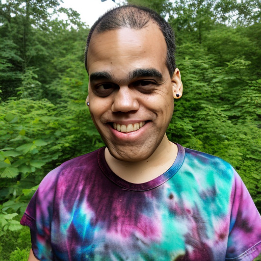 professional photo of smiling corajr, medium shot, wearing a short-sleeved tie-dye shirt, forest in the background, good lighting, f/2.8