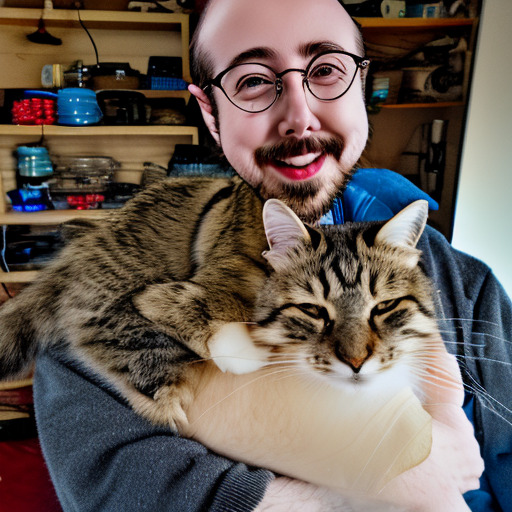 professional portrait of smiling alexmn together with his cat, kokocat